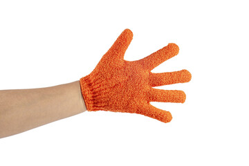 Fototapeta premium An orange exfoliating glove in a hand against a transparent background.