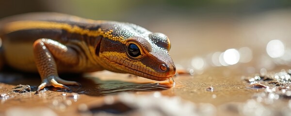 Obraz premium Close up photo shows lizard drinking water. Canary Islands lizard on brown surface. Reptile drinks in nature. Wild animal in habitat. Selective focus on eye.