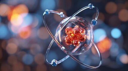 The Atom Model Floating in Futuristic Glowing Bokeh Science and Technology Concept