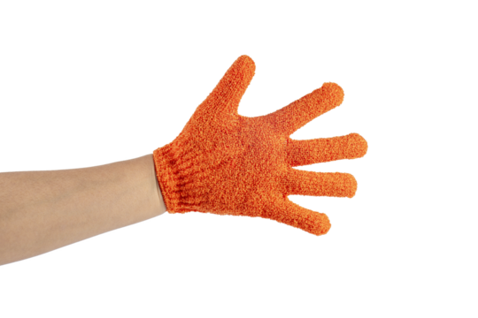 An orange exfoliating glove in a hand against a transparent background. - Powered by Adobe