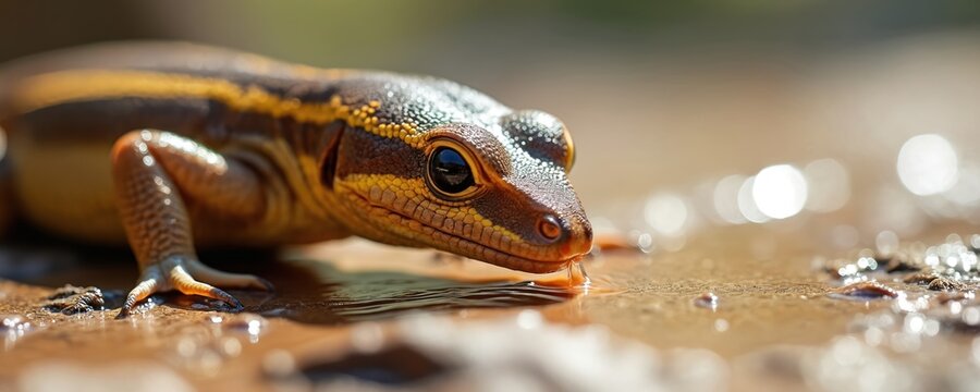 Close up photo shows lizard drinking water. Canary Islands lizard on brown surface. Reptile drinks in nature. Wild animal in habitat. Selective focus on eye.