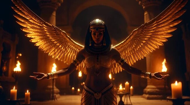 Ancient Egyptian Goddess with Golden Wings in Candlelit Temple Interior