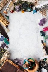 Flat Lay of Spiritual Tools and Crystals with Copy Space
