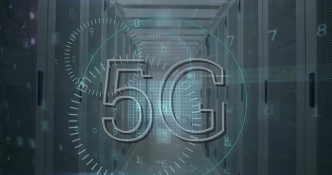 5g text, cyber security data processing and cloud icon against empty computer server room