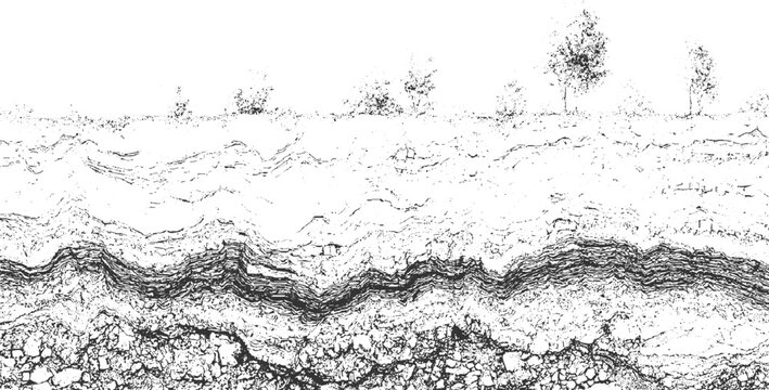 Textured monochrome abstract of geological strata with trees on showing rough surfaces and layered earth formations