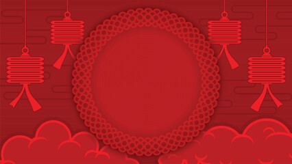 The illustration is used in a design for a celebratory event, featuring decorations of clouds and lanterns for the Chinese New Year festival, primarily using the color red.