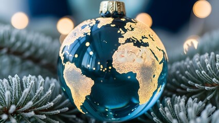 Globe ornament on frosted pine branches with bokeh background