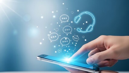 Finger touching smartphone screen with glowing chat bubbles and headphones hand