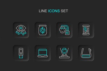 Fototapeta premium Set line Smart glasses on spectacles, Hologram, Laptop, USB flash drive, Cryogenic capsules, Humanoid robot, Energy drink and Computer vision icon. Vector