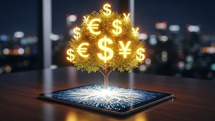 Glowing Currency Symbols Grow on Tree Rooted in Digital Tablet Screen money tree finance