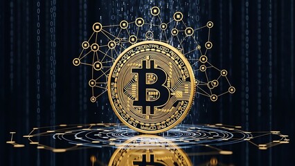 Golden Bitcoin cryptocurrency coin with digital network and binary code