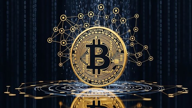 Golden Bitcoin cryptocurrency coin with digital network and binary code - Powered by Adobe