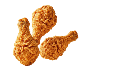 Three crispy, golden-brown fried chicken drumettes with crumbs frozen mid-air, studio-lit on transparent background with copy space, concept for food advertising