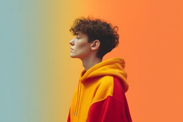 Minimalist profile portrait of a young man with curly hair wearing bright yellow and red hoodie on gradient background