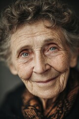 Close up portrait of a smiling elderly woman with gray curly hair and blue eyes
