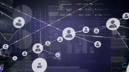 Animation of network of connections with icons over data processing - Powered by Adobe