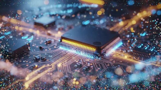 Close-up of a modern computer chip with intricate circuit patterns and glowing connections.