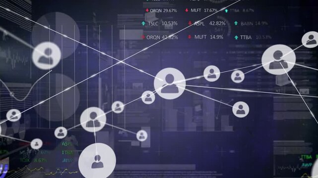 Animation of network of connections with icons over data processing