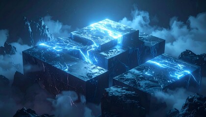 Floating geometric forms with electric veins against a hazy, cosmic backdrop