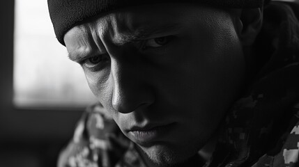 Serious-looking soldier with focused gaze.
