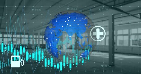 Animation of financial graphs and globe over empty hall - Powered by Adobe