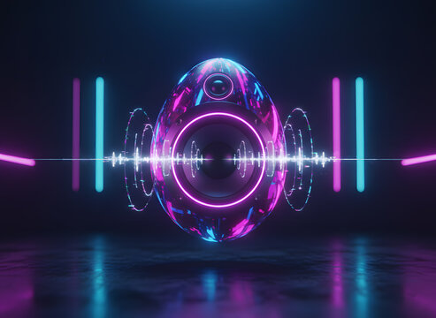Futuristic techno egg speaker with neon sound waves, electronic music audio device, spring easter sound concept on dark background
