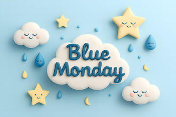 Delicate pastel illustration presents the concept of blue monday with smiling cloud star and rain drop characters on a soft blue background