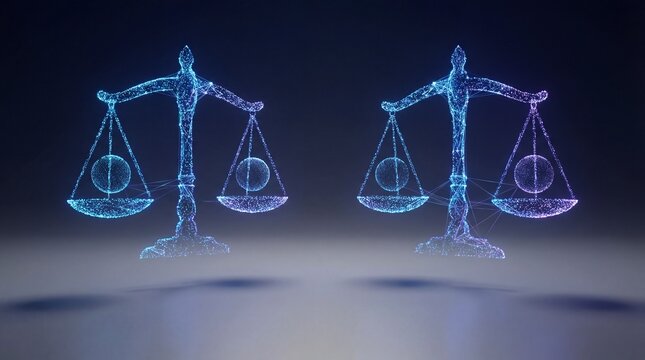 Digital Scales of Justice Balancing Glowing Data Orbs