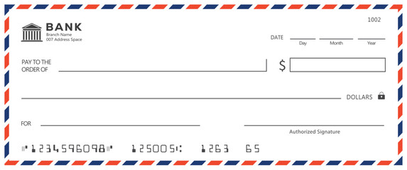 Bank check, vector blank money cheque, checkbook template with guilloche pattern and fields. Currency payment coupon, money check background