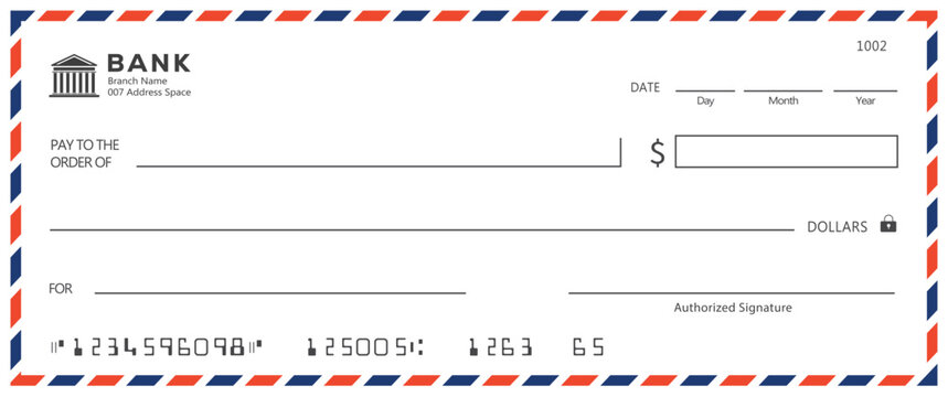 Bank check, vector blank money cheque, checkbook template with guilloche pattern and fields. Currency payment coupon, money check background