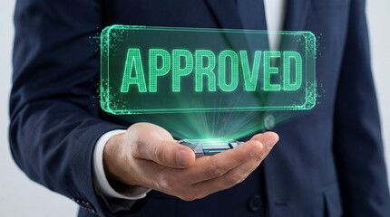 Glowing green approved hologram sign, businessman hand holding digital projection technology, modern neon typography business concept, for finance, banking, loan, verification, success.
