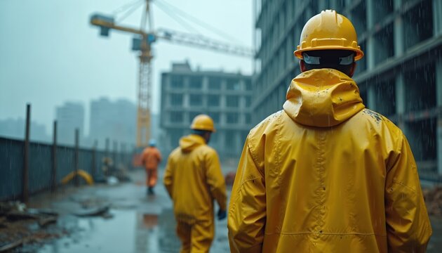 Construction workers work in rain at building site. Men wearing yellow raincoats and hard hats on construction area. Heavy rain and working on urban construction project.