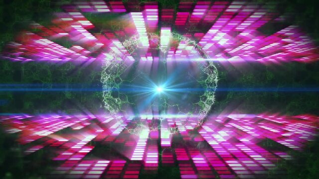 Animation of moving pink and green lights in black digital space
