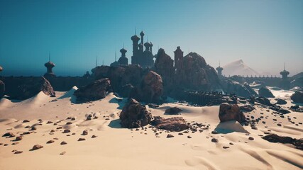 desert landscape with ruined castle and distant sea, sunlit dunes stretching toward crumbling stone fortress, scattered rocks and windsculpted ripples,