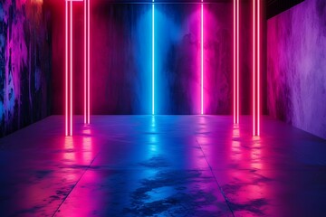 A stage platform with purple and blue neon strip lights on the walls, background wallpaper, gamer, aesthetic, stage HD