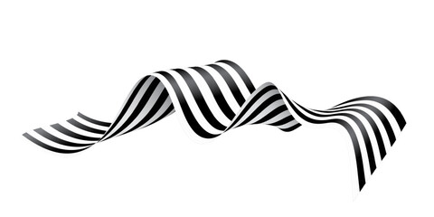 Black and white striped ribbon with smooth wavy shape. Elegant monochrome banner flowing in dynamic motion, suitable for design, memorial themes, or formal decoration. Realistic vector illustration.