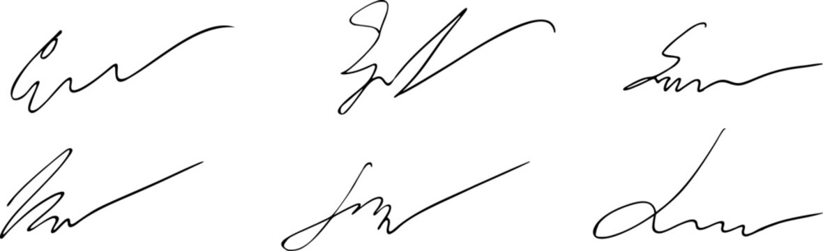 Set of hand drawn fake signatures or autographs. Vector illustration of sample fictitious signs on white bg.