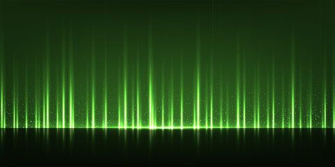 Award background. Green silk curtain luxury backdrop. Color vertical draped satin cloth texture curtain on dark floor stage. Award, presentation scene. Elegant modern vector illustration.