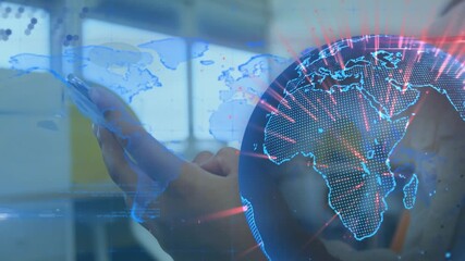 Animation of globe with network of connections over woman using vr headset - Powered by Adobe