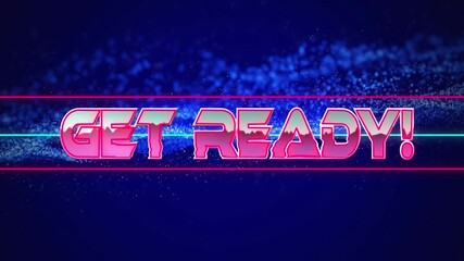 Animation of start text over neon shapes on blue background - Powered by Adobe