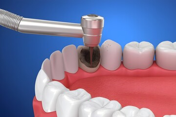 3D Illustration of Dental Drill Treating Cavity on Tooth, Caries Removal and Oral Health Care Concept, Dentist Procedure for Decay Treatment in Human Mouth.