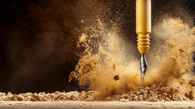 Drill bit cutting wood with dust debris flying close up tool for construction woodworking dynamic motion detailed texture chips