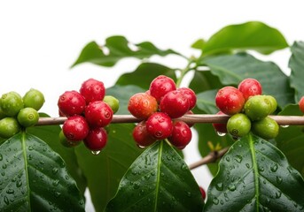 Closeup of ripe red and green coffee cherries on a branch with leaves, isolated on white background