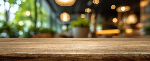 The wooden table in a cozy blurred cafe interior with warm ambient lighting