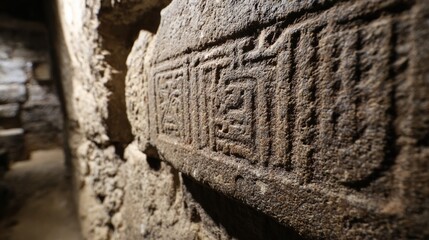 Stone wall features faded carvings showing ancient symbols and designs situated in a historic location with signs of erosion.