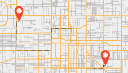 Fototapeta premium City map background with travel destination pins in flat style. Concept of travel, destination, location, route. Vector banner, top view.