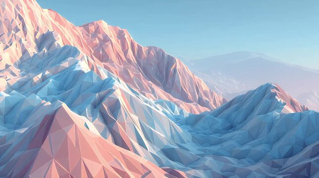 Abstract Pastel Low Poly Geometric Mountain Landscape Flyover Video.