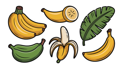 Ripe and Ready: An illustration showcases a collection of vibrant bananas in various states, from a whole bunch to a single, peeled fruit, accompanied by a tropical leaf. © Hasib