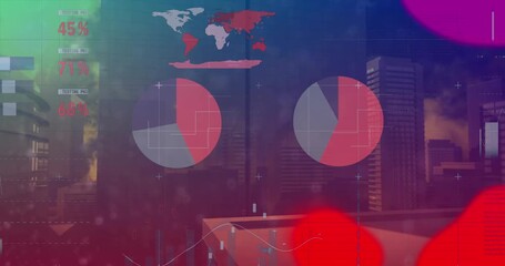 Animation of statistical data processing over liquid abstract shapes against tall buildings - Powered by Adobe