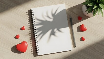 Blank Notebook Valentine Concept with Red Hearts for Romantic Messages and Love Notes